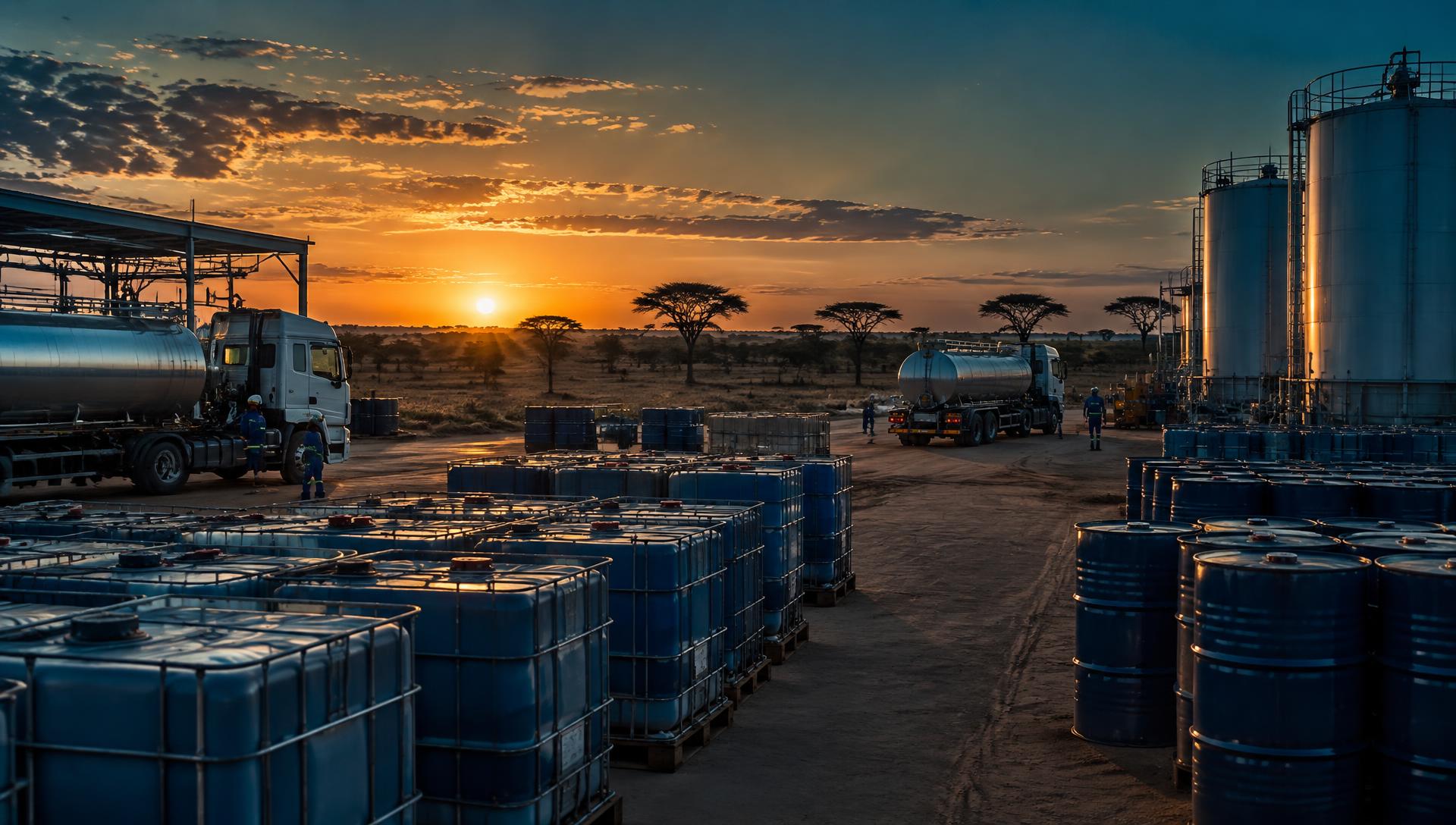 Chemical drums and tanker trucks at a distribution yard at sunset
