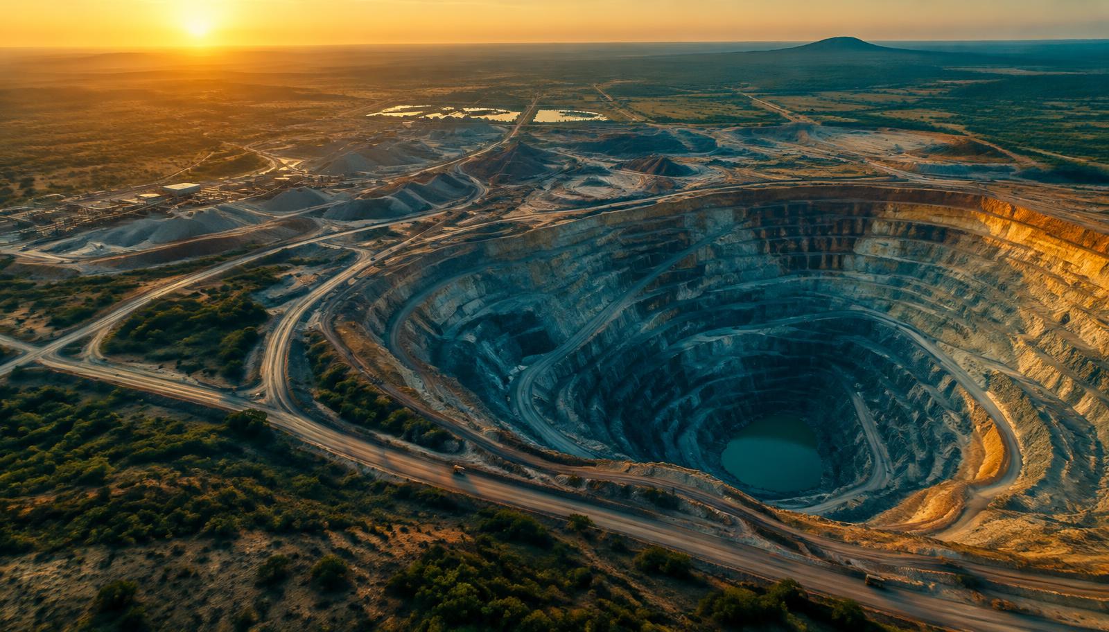 Aerial view of an open-pit mine at sunset